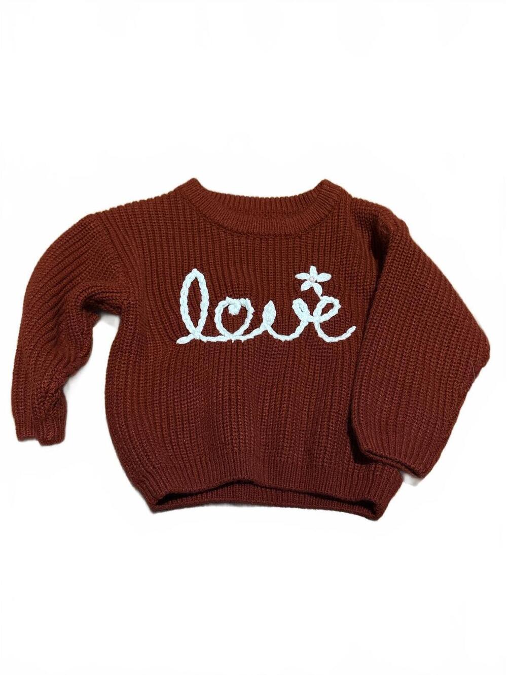 Over Sized Baby Girl's Rust Knit Sweater with Love Embroidery, Size 9 12 Months